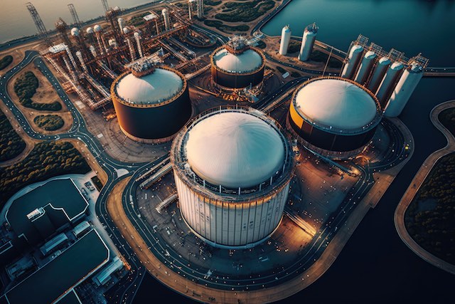 Aerial top view of factory station, oil fuel storage tank, petroleum refinery, manufactory, industrial process plant oil refinery for energy
